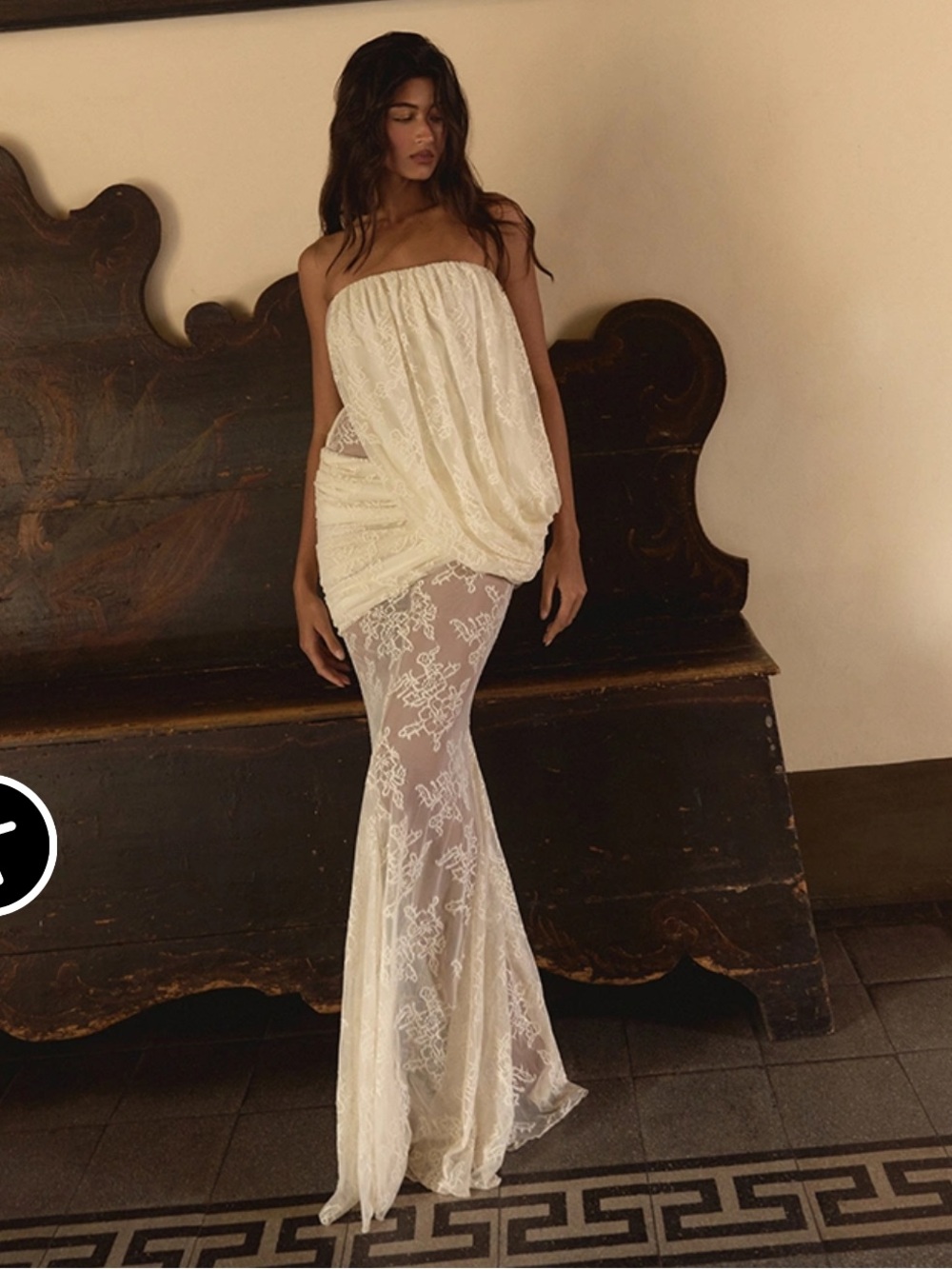PLT LABEL CREAM LACE ASYMMETRICAL DRAPE GODET FISHTAIL BANDEAU MAXI DRESS